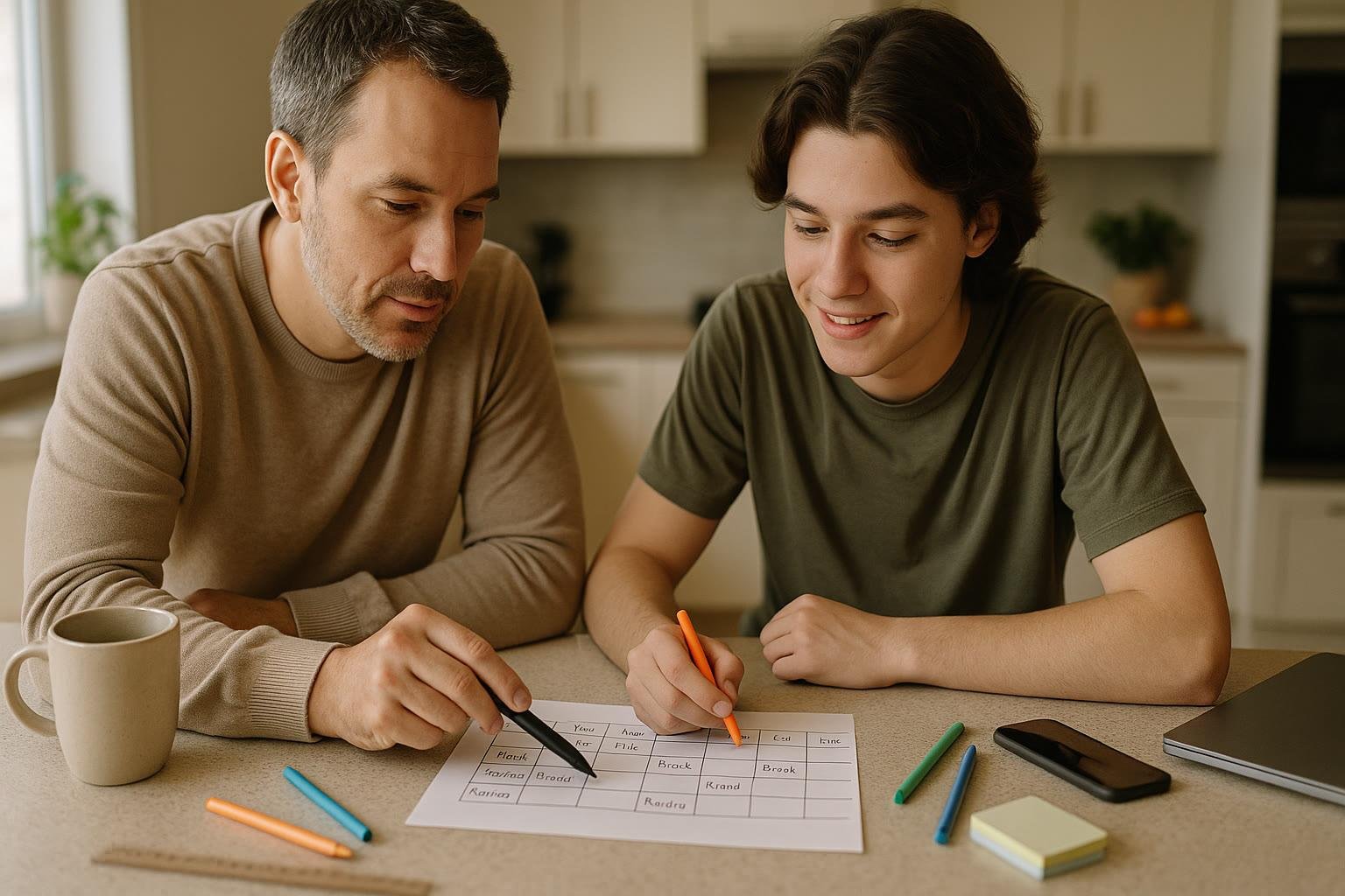 Parent and teenager creating a realistic study schedule.
